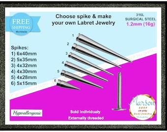 Labret barbell spikes 16g, make you custom jewelry, Lips, cheek, medusa, monroe, snake bites, cartilage, tragus, helix, ear, nose, antihelix