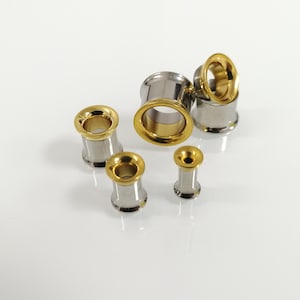 Ear tunnels, silver with gold color, Internally threaded, plated -mirror polished surgical steel, new internal screw, plug tunnels,ear gauge