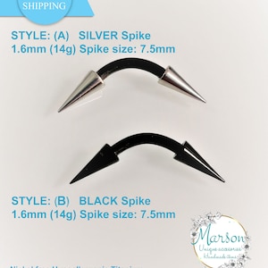 Lange Spikes 1.6 mm, 14g, Curved Barbell, Schwarz-Silber Kegel, Titanium Hypoallergen. Brustwarze, Septum, Ohr, Lope, Augenbraue. Kostenloser Versand