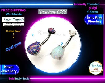 Titanium Iridescent Opal Belly Button Ring, Hypoallergenic Navel Barbell (14g)