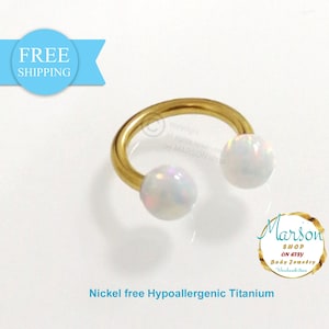 Horseshoe barbell, Opal balls, gold Circular, Extreme. 1.6mm (14g) ,anodized earring,lobe, helix,tragus barbell. Septum for men, women.