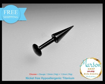 Labret barbell, 16g and 14g Titanium, cheek piercing, medusa, monroe, snake bites Long Spike, Cones, Nickel free, tragus, helix, daith, rook