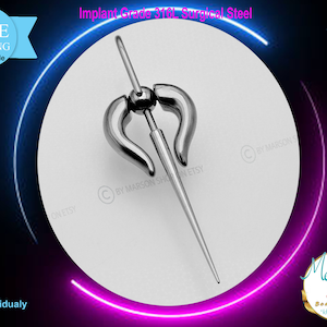 May include: A silver surgical steel body jewelry piece with a curved design. The piece is 1.6 mm thick and weighs 14 grams. Implant Grade 316L Surgical Steel.