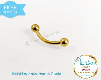 Curved barbell Anodized  Gold titanium. 14G belly button, 4mm balls. Dainty belly ring, lips, septum, 8mm, 10mm, 12mm. 14mm, Banana barbell.