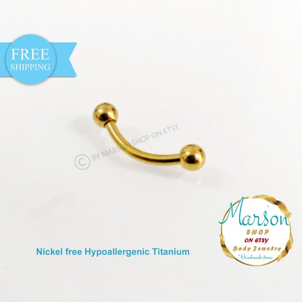 Curved barbell Anodized  Gold titanium. 14G belly button, 4mm balls. Dainty belly ring, lips, septum, 8mm, 10mm, 12mm. 14mm, Banana barbell.