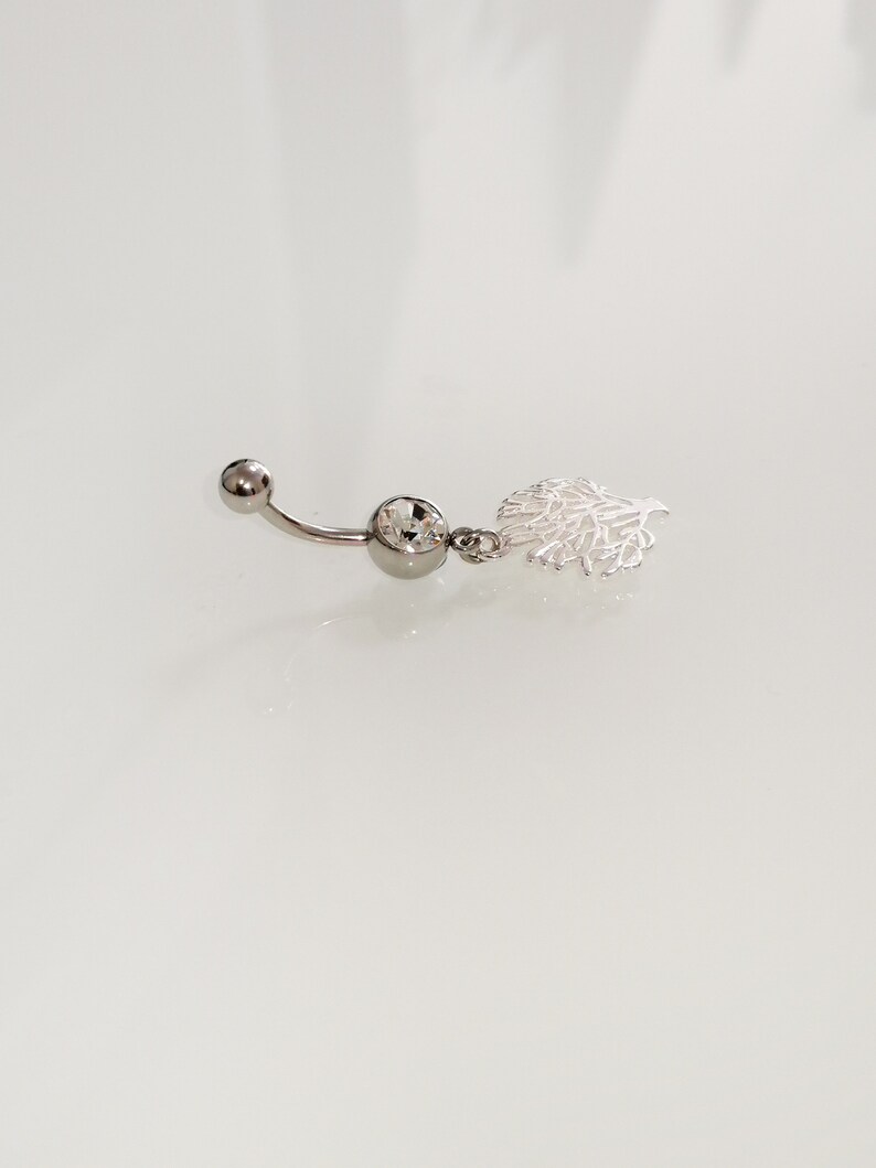 Belly button piercing jewelry Silver belly ring Dangling Tree of life Belly jewelry Surgical steel belly jewelry Clear crystals