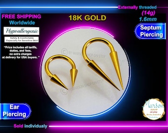 18k Gold Septum Barbell, Long Spike Piercing, 14g
