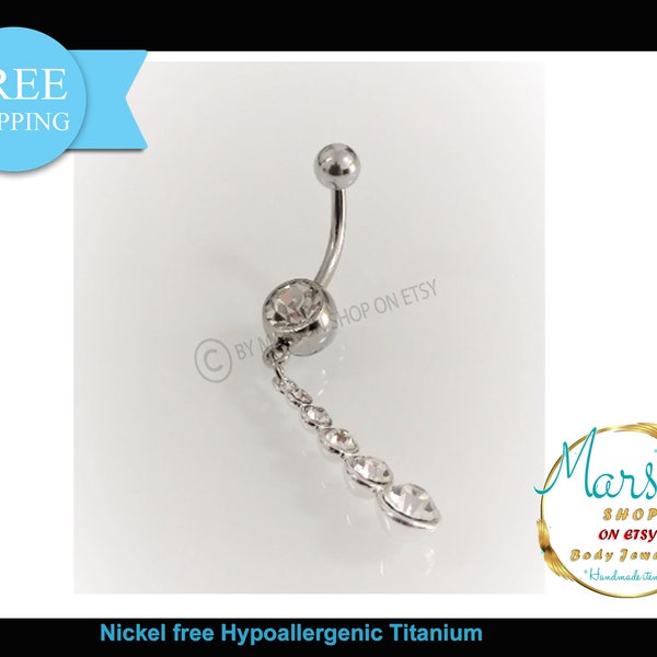 Belly, Button ring piercing, jewelry, long Dangling clear crystal, titanium barbell, navel. Hypoallergenic body jewelry, belly piercings