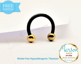 Horseshoe barbell-Circular barbell Anodized black-Gold, balls, Hypoallergenic,  piercings. 1,6mm (14g).Anti helix, septum, rook