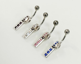 Titanium Zipper Belly Ring, Sapphire, Pink, Teal Gemstones, 14g
