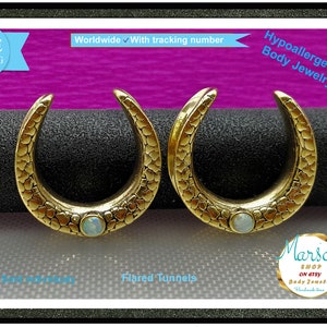 Ear half tunnels, Anodized Gold, natural stone, gauge, HALF TUNNEL, engraved, small details, Carved For women, men, free shipping