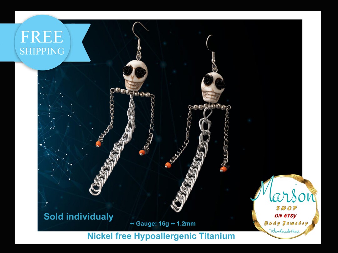Skull Earring With Long Dangling Chains, Halloween, Gothic, Punk, Rock