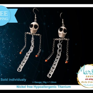 Skull Earring with long Dangling chains, Halloween, gothic, punk, rock, Creative Jewelry, ear, lobe, piercing, free shipping, fashion,