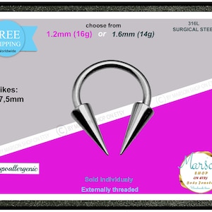 Horseshoe Circular barbell body jewelry, Long spike, 1.6mm 14g - 1.2mm, 16g, septum, nipple, ear, helix, daith, rook, eyebrow, ear, nipple