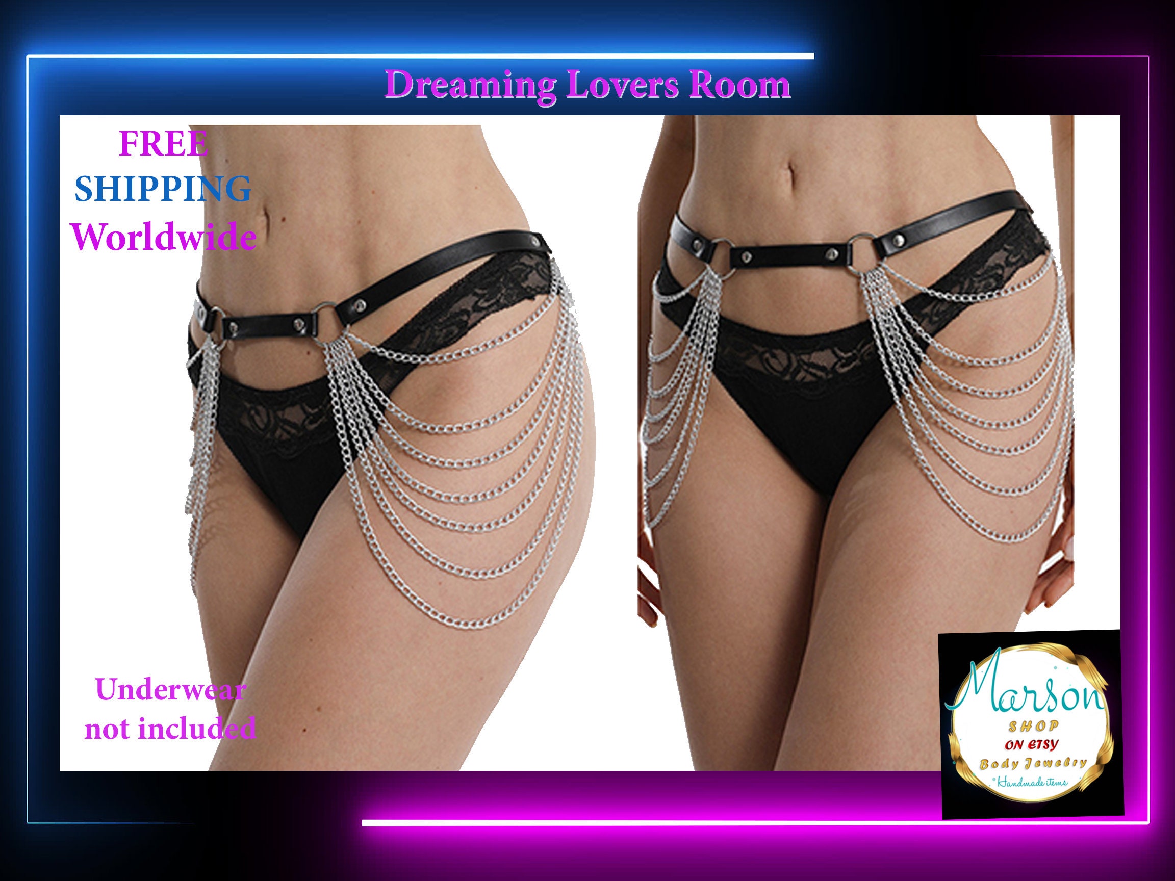 Black leather angel wing & chain harness belt Gothic Angel Black Wings - Punk Rave main image 2