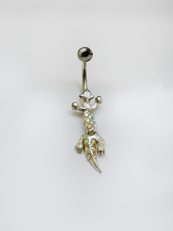Silver Salamander Gecko Belly Ring Titanium Belly Bar Movable