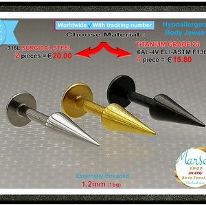 Labret spikes, 16g, Titanium or s/steel, good for Lips, cheek, medusa, monroe, snake bites, Body jewelry cartilage, tragus, helix