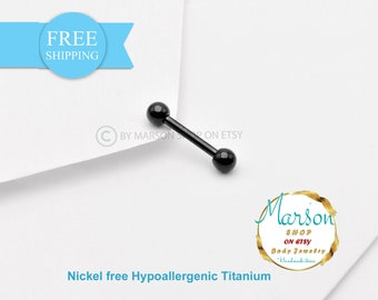 Barra recta, titanio negro, bolas -Tragus de barra sin níquel, hélice de ceja, daith, piercings de torre- joyería Espesor: 16 g 1,2 mm, barra