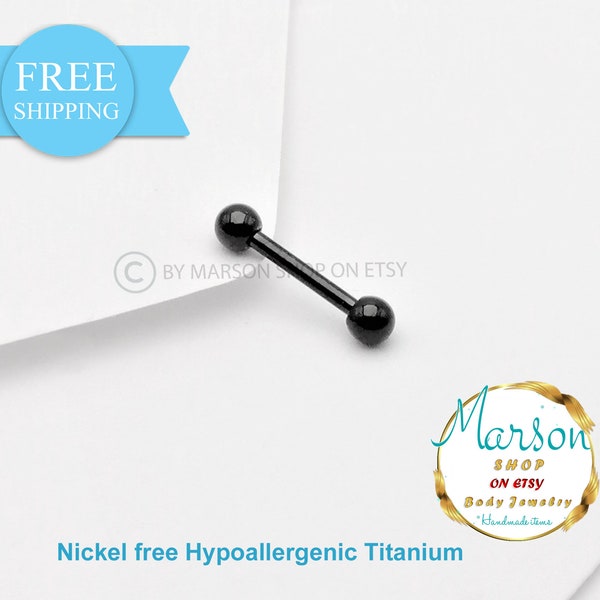 Straight barbell, Black Titanium, Balls -Nickel free bar tragus, eyebrow helix, daith, rook piercings- jewelry  Thickness: 16g 1,2mm,Barbell
