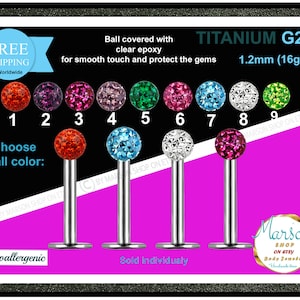 Labret barbell Body jewelry, ball with clear epoxy, smooth touch, no more gems loose, TITANIUM, ear, 16g. cheek, medusa, monroe, snake bites