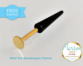 Labret barbell, gold, Titanium, very Long Spikes, black spike, 12mm long,  -Nickel free Lip, tragus, helix, daith, body piercing 16g 1,2mm