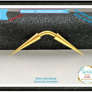 Septum spikes, Curved barbell, 14g, Gold long spikes. banana barbell Titanium Hypoallergenic. 1.6mm. nipple, septum, ear, lope