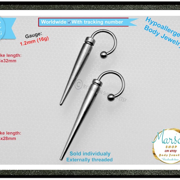 Circular, Horseshoe barbell, Extra long spike, cone, very long spike, , 16g, 1.2mm TITANIUM, nickel free barbell. extreme body jewelry.