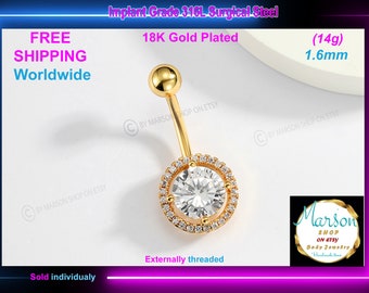 Belly ring button jewelry, Round Zircon, clear color,  navel, belly ring body piercing, 14g 1.6mm, free shipping, jewellry, 18K Gold Plated