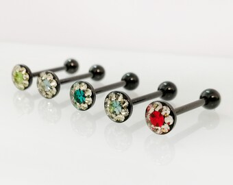 Piercing per lingua nero da 14 g, cristallo Swarovski, acciaio chirurgico
