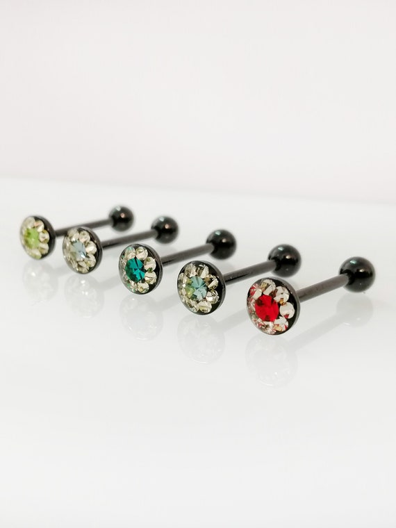 14g Tongue barbell Swarovski crystals with Epoxy NICKEL FREE Surgical steel Black 14g barbell flat tongue bar Sparkly bar multi gem