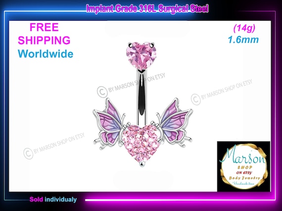 Butterfly Belly Ring, Zircon Gem, 18K Gold Plated Surgical Steel