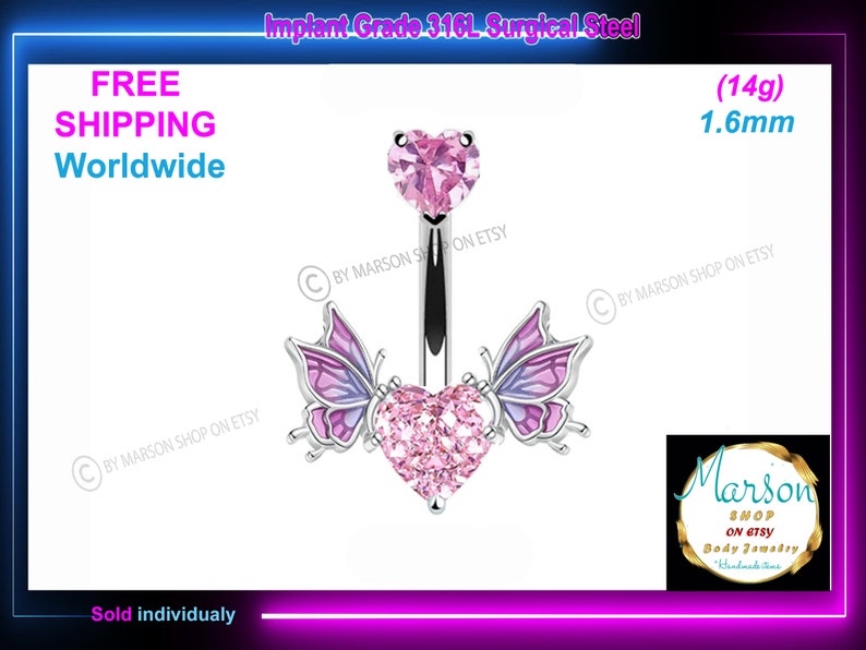 May include: A pink crystal heart with butterfly wings, a surgical steel body piercing, 1.6 mm in size, and 14 gauge.  The piercing is made of implant grade 316L surgical steel.