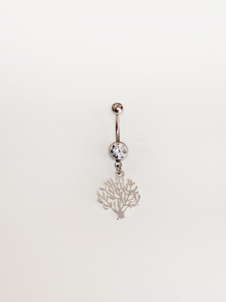 Belly button piercing jewelry Silver belly ring Dangling Tree of life Belly jewelry Surgical steel belly jewelry Clear crystals