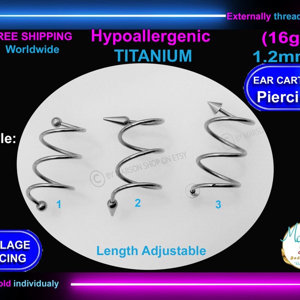 EAR CARTILAGE body jewellery, piercing, 16g 1.2mm, Adjustable, Earring, Conch, double Helix, Lobe, Cartilage, titanium, ball, spike earlobe