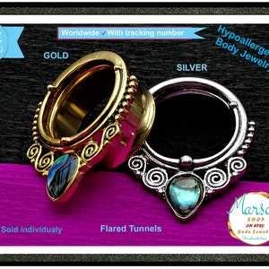 Könnte beinhalten: Zwei ausgestellte Tunnel, einer in Gold und einer in Silber, mit einem blauen und grünen Edelstein in der Mitte. Die Tunnel sind mit komplizierten Designs verziert. Hypoallergene Körperschmuck.