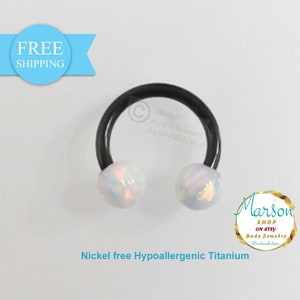 Circular barbell, Opal balls, black Extreme. 1.6mm (14g) Horseshoe, anodized helix, rook, barbell. Septum, earring, lobe ring, Free shipping