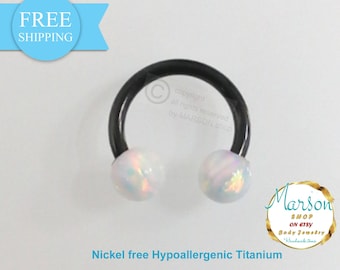 Circular barbell, Opal balls, black Extreme. 1.6mm (14g) Horseshoe, anodized helix, rook, barbell. Septum, earring, lobe ring, Free shipping