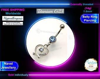 Heart Dangling Belly Ring, Light Blue Crystal, Surgical Steel, 14g