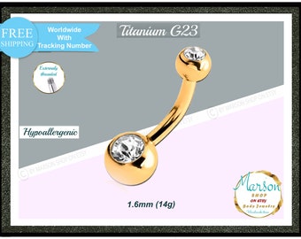 Gold Titanium Belly Ring, Clear Stone Navel Piercing, Hypoallergenic