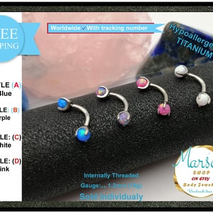 Barbell curvo, gioielli per piercing, titanio, filettato internamente, 16 g, opale iridescente, trago, elica, naso, daith, sopracciglio, orecchio, ponte