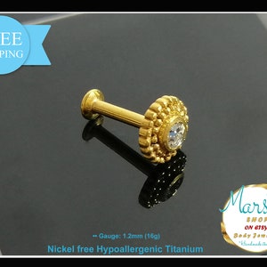Forward Helix Earring, 18G, 1mm, Daith body piercing jewelry, conch, Helix, tragus, Straight barbell, TITANIUM barbell balls, color gold pvd