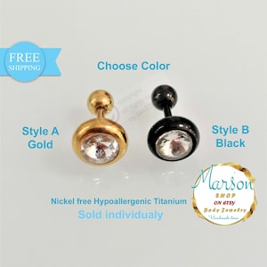 Earring jewelry, barbell. gemstone clear, Nickel free TITANIUM, gold-black, body jewelry,1.2mm, 16g. helix. lope, tragus, earring, cartilage