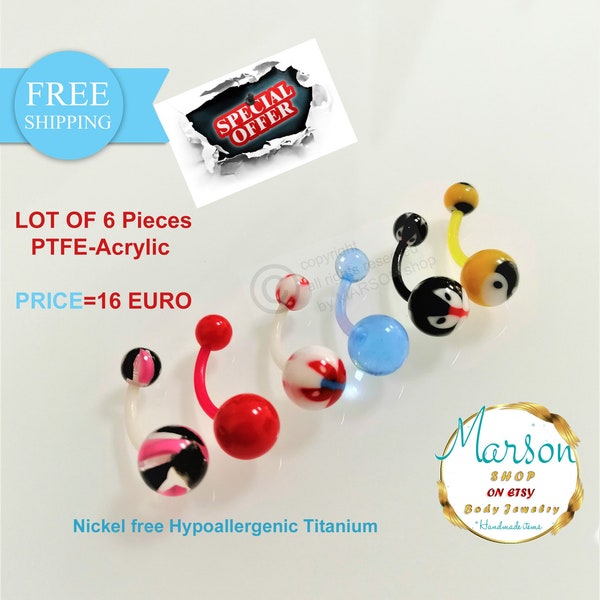 Belly ring, Lot of 6PCS, Dual Tone Marble and more, PTFE-Acrylic Curved, belly Barbells, body jewelry, piercing, navel button, free shipping