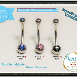 Titan, Bauchnabelpiercing Schmuck, mit Stein, Nabel Ring, Edelstein, Body Piercing Schmuck, 14g, 12 mm Barbell, kostenloser Versand