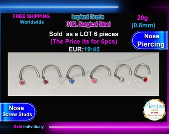 Surgical Steel Nose Ring Set, CZ Nose Studs, 20G (Lot of 6)