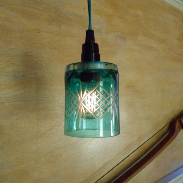 Drinking Glass Pendant Lamp, with a 4x3 inch Aqua green, Cut Glass shade