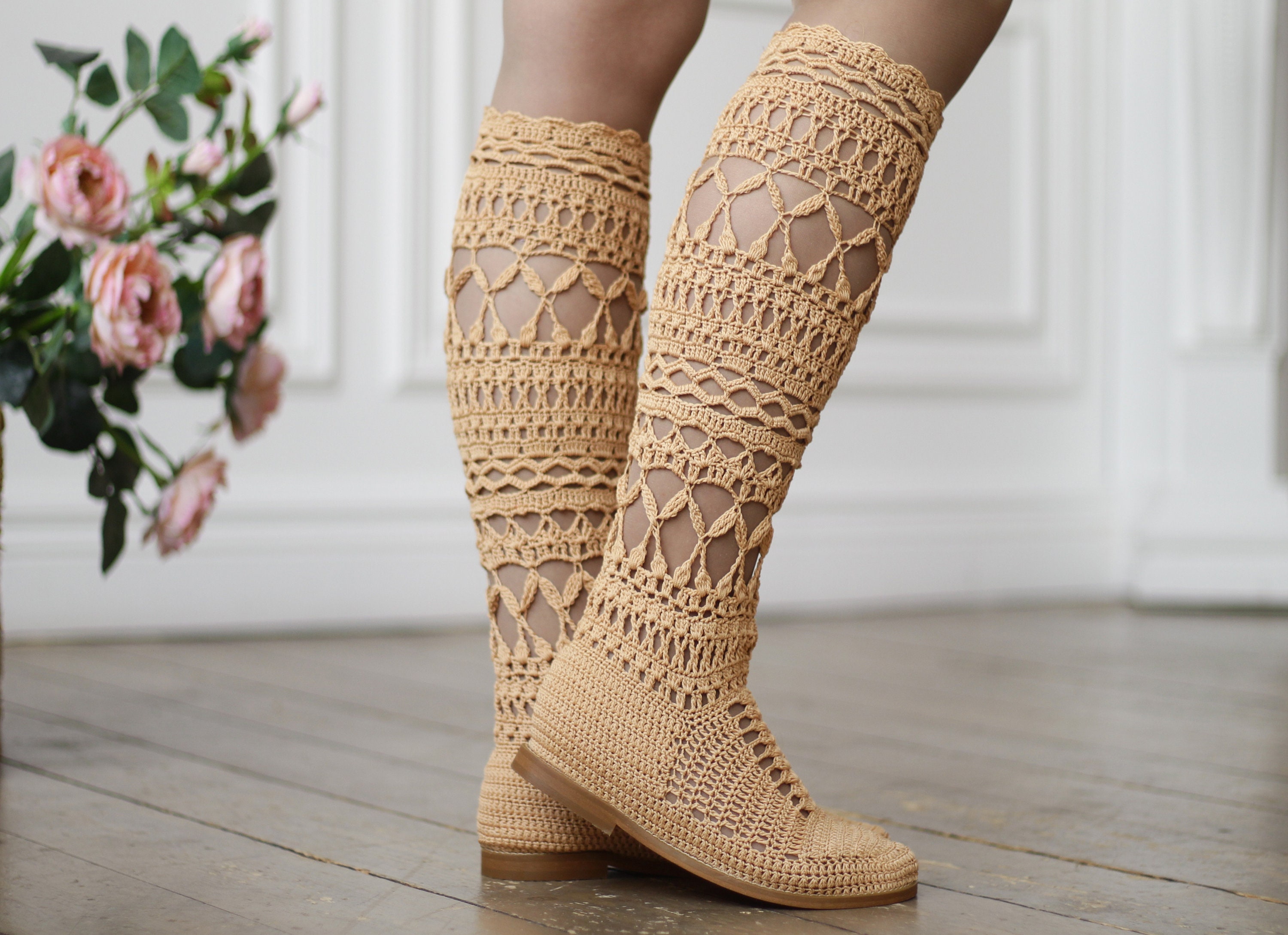 Knee high boots Crochet summer boots women Moccasins | Etsy