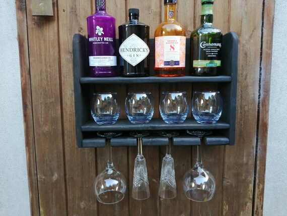 Made with NEW EUROPEAN REDWOOD our Wall Mounted Wine/Gin Rack/Mini Bar Holds 8 Glasses & 4 Wine Bottles A very special gift.