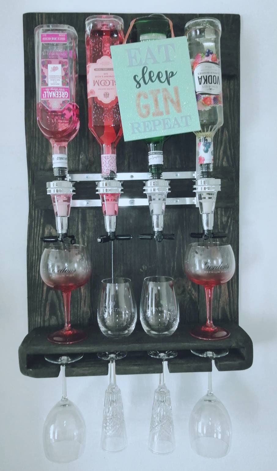 A rustic wooden hand made wall mounted optics bar holds 4 Etsy