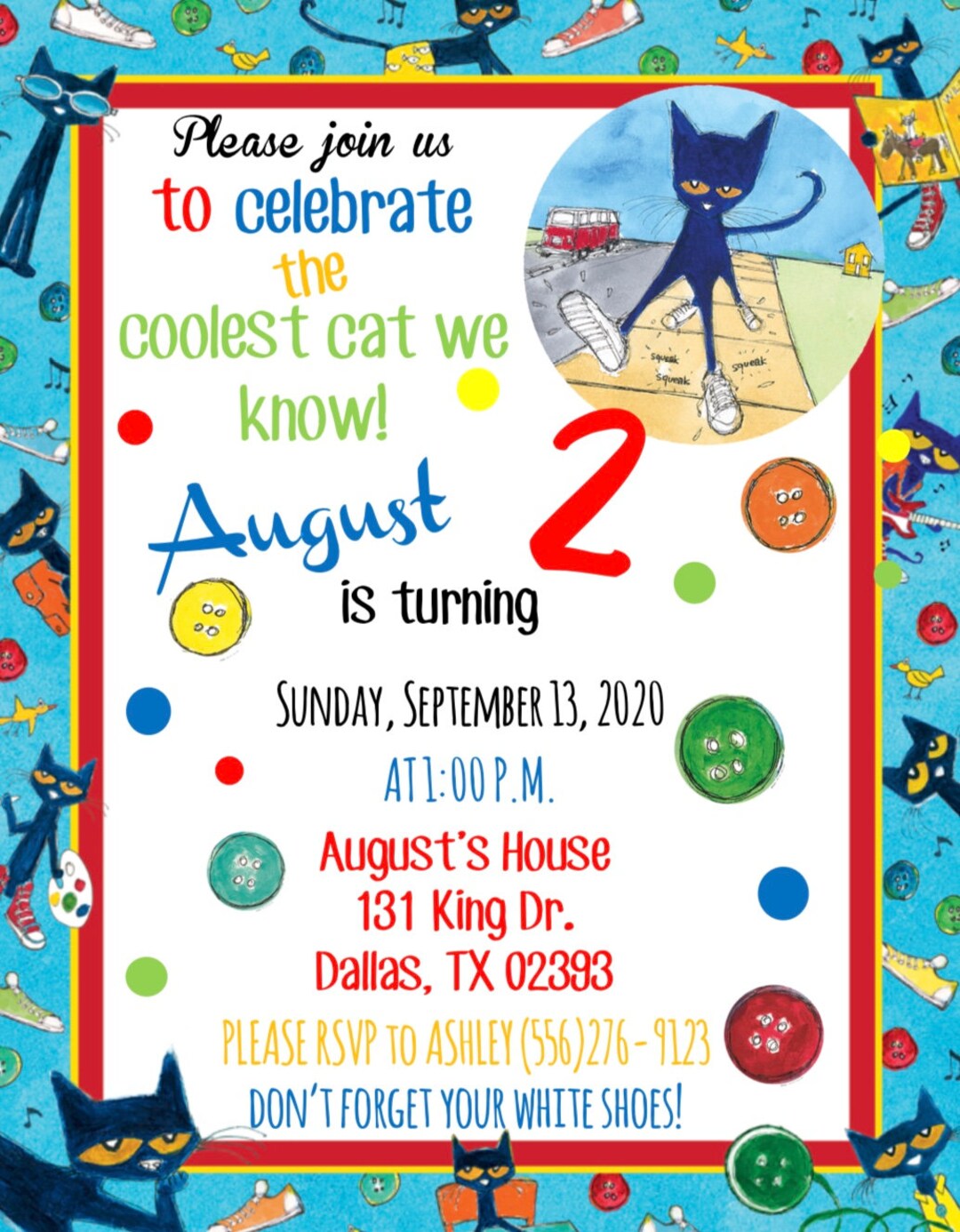 Pete the Cat White Shoes Invitation Etsy